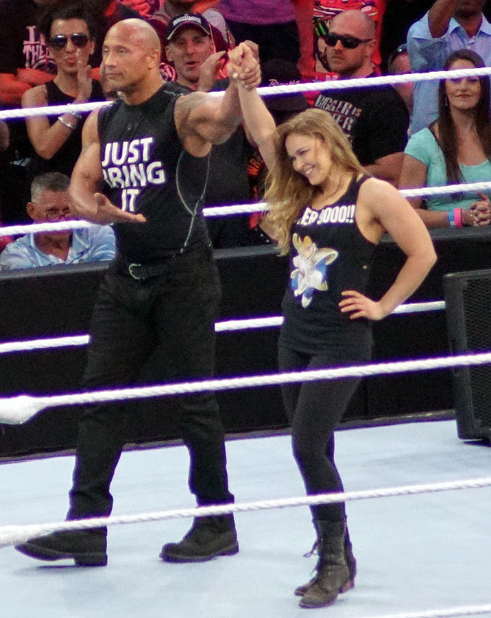 The Rock And Ufc Champ Ronda Rousey In The Ring At Wrestlemania 31 In March 2015